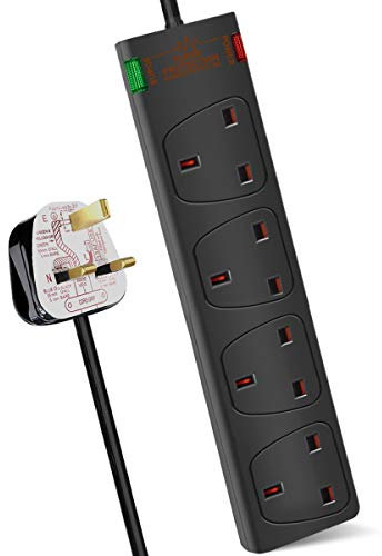 ExtraStar 4 Way Extension Lead with Surge Protection, 13A/250V~ Multi Sockets Power Strips, 3120W Fused UK Plug Wall Mounted Power Socket with 5M Extension Cord-Black