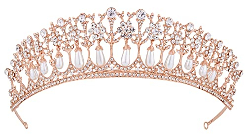 Wedding Tiara, Vofler Bride Pearl Crown - Rose Gold Crystal Rhinestone Headband for Women Queen Ladies Flower Girls Bridal Birthday Pageant Prom Homecoming Halloween Princess Diana Costume Party