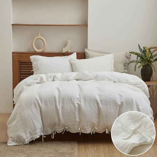Simple&Opulence 100% Linen Duvet Cover Set 3pcs with Bowknot Ties Closure Natural French Washed Flax Solid Color Soft Breathable Farmhouse Bedding - White, King Size