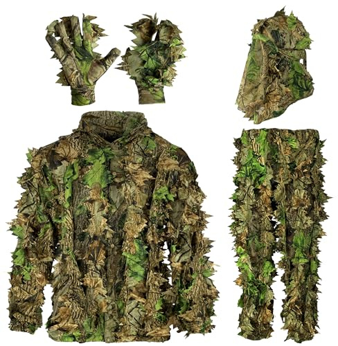 AYIN Ghillie Suit for Men, Hunting Suits for Men, 3D Leaf Bush Gillie Suit Camo for Turkey Hunting, Woodland Gilly Suits, Hooded Gillies for Men or Youth Camo Hunting Suits (SM/MD, Green Leaf)