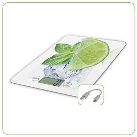 LITTLE BALANCE 8544 Slim Zitrone USB-R, Küchenwaage ohne Batterie, USB wiederaufladbar, reparierbar, 5 kg, Zitronengelb