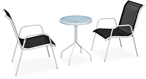 Wakects 3-teiliges Gartenset mit 2 stapelbaren Stühlen, Gartenmöbel-Set aus Metall für Balkon, Hof und Terrasse, Schwarz und Grau