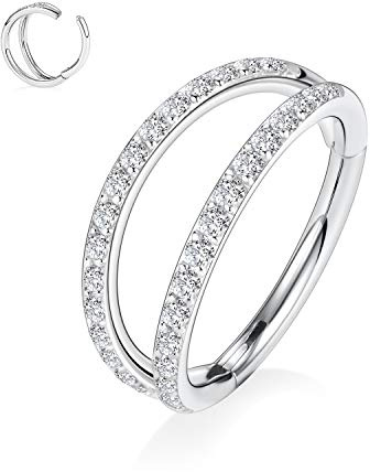 AROWRO 16g 6mm Double CZ Nasenring für Single Piercing Conch Daith Helix Nase Rook Piercing Schmuck Double Hoop Nasenring Septum Ringe Nasenringe Hoops Conch Hoop Ohrring Septum Clicker Silber