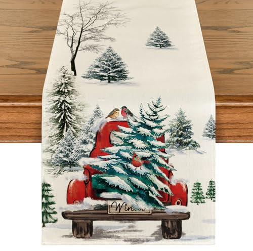 Artoid Mode Aquarell Lastkraftwagen Bäume Weihnachten Tischläufer, Saisonnal Winter Küche Tisch Dekoration Drinnen Urlaub Party Dekor 40x180 cm