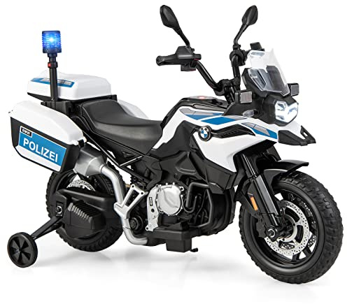 COSTWAY Kinder Motorrad Polizei, 12V BMW Elektromotorrad mit LED-Scheinwerfer, Sirenenlicht & Musik, Kindermotorrad mit 2 Stützrädern, 3-6 km/h, für Kinder ab 3 Jahre, Weiß