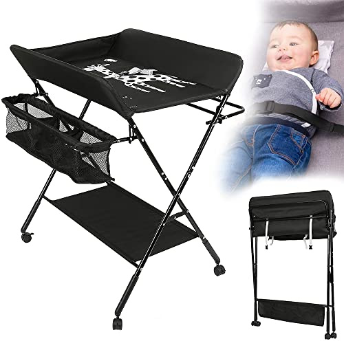 Baby Wickelkombi - klappbare Wickelkommode, mobiler Wickeltisch mit Wickelauflage, Sicherheitsgurt und Ablagefächern- 80 * 66 * 98cm (Schwarz)