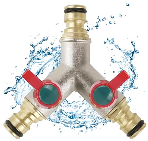 POPOYU Outdoor Tap Splitter 2 Way,Brass Garden Water Splitter,Brass Garden HoseSplitter,2 Way Water Connector with On/Off Valves and Extended Handle,Hose Y Splitter Connection for Garden Hose Tap
