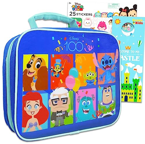 Disney Juego de 100 loncheras para niños, paquete con bolsa de almuerzo Disney con Ariel, Stitch, Buzz Lightyear, más calcomanías | Lonchera Disney para niñas