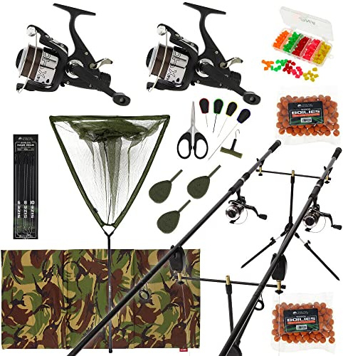 Full Carp Fishing Set Up Complete With 2 Rods Reels Alarms Landing Net Tackle