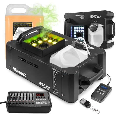 beamz BLAZE800 Vertical Smoke Machine Kit with 2x 800W LED Vertical Foggers, DMX-512 Controller, 5L Fluid & Cables - Ideal for DJs, Stage Shows & Events