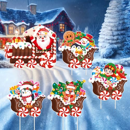 5 Pezzi Cartelli da Giardino Treno di Natale con Pali, Babbo Natale Renna Elfo Decorazioni per Prato all'aperto, Impermeabili Cartelli per Cortile Natale, Decorazioni Natale per Giardino Prato Via