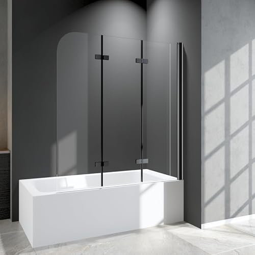 Duschabtrennung für Badewanne 3-teilig 120x140cm Faltbar Schwarz Duschwand, Glas Badewannenaufsatz Duschwand aus 6mm ESG NANO Sicherheitsglas, Badewannenfaltwand für Badewanne