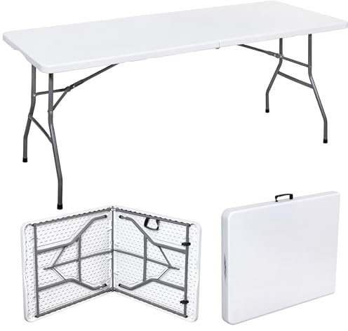Vivo Technologies 4ft Trestle Indoor Outdoor Garden Catering Folding Table with Handle Plastic Picnic Garden Foldable Portable Table for Picnic Party Dinner Camping Hiking White