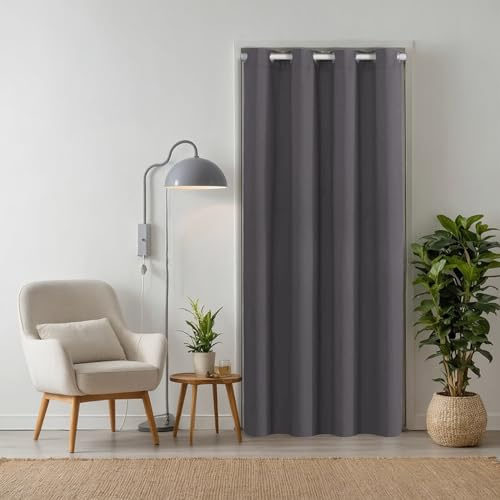 tinycurtains, Thermo Türvorhang mit Teleskopstange, einfache Montage in nur 1 Minute ohne Bohren (Türgardine anthrazit H210 x B150 cm + Stange weiß B55-90 cm)