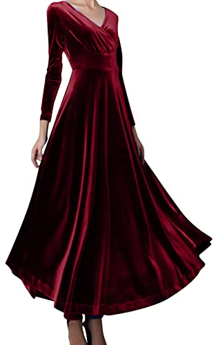 Rotes Samtkleid Damen Herbst Lang Schick Curvy Festliche Kleider Partykleid Winter Langarm Locker Elegant Rockabilly Kleider Samtkleid Sexy A Linie Cocktailkleid Winterkleid