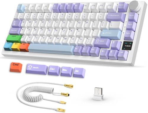 AJAZZ AK820PRO Clavier Gaming Mécanique sans Fil Backlit RGB - Violet Bleu | 2.4GHz/Bluetooth/USB-C, Disposition 75% 81 Touches Avec Écran Couleur TFT & Molette CNC, Câble USB-C C02 Enroulé, Hot-Swap