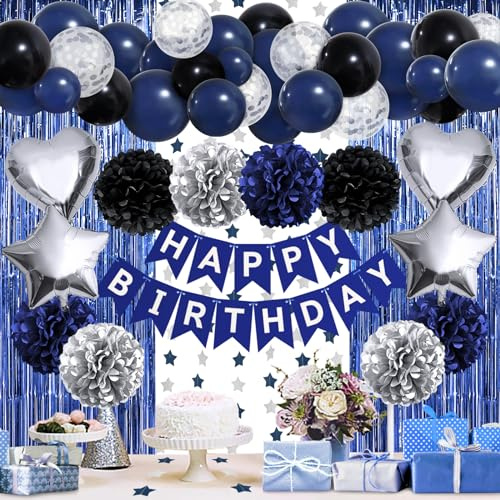 ZERODECO Geburtstagsdeko Marineblau Schwarz, Happy Birthday Girlande Pompons Fransen Vorhang Luftballons Jungen Herren Kindergeburtstag Deko Party Zubehör