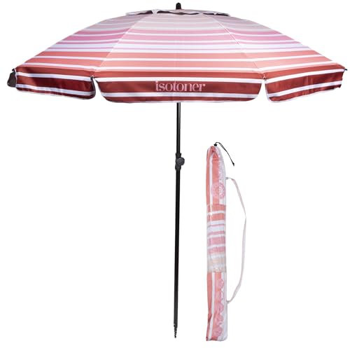 Isotoner Parasol de plage ultra résistant, structure anti vent, léger et anti uv upf50+ rayure saumon
