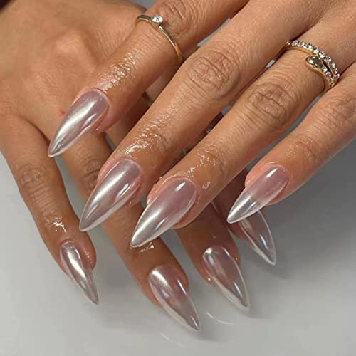 JUSTOTRY 24 Stück Glitzer Mandel Nägel Zum Aufkleben Kurz,Silber Press on Nails Einfarbig Design,Glossy Oval Kunstnägel Fake Nails Mittel,French Fingernägel Künstliche Nägel für Frauen