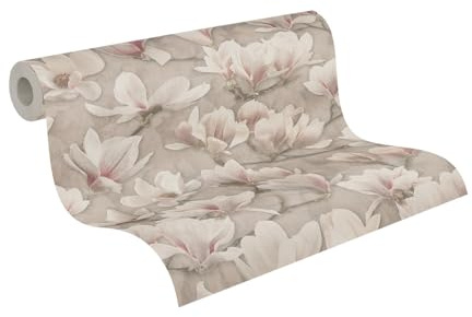 A.S. Création Magnolien-Vliestapete – Braun, Rosa, Weiß – 0,53 x 10,05 m | Florales Magnolien-Motiv als natürlicher Blickfang – matte Motivtapete, einfach zu verkleben & spurlos abziehbar
