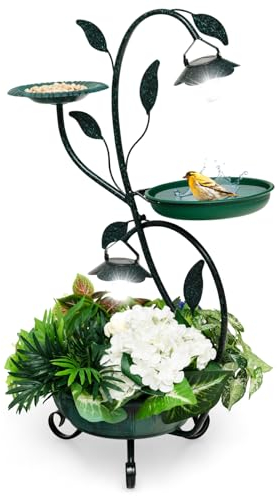 COSTWAY Abreuvoir Oiseaux Énergie Solaire 83CM, Bain d'Oiseaux et Mangeoire sur Pied avec Support pour Fleurs et 2 Lumières LED, Décoratif avec Feuilles pour Jardin Pelouse, Bronze