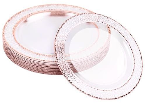 MATANA 20 Assiettes en Plastique Rigide Élégantes & Réutilisables avec Bordure en Or Rose (26cm) - Assiettes Or Solides pour Mariages, Anniversaires, Baptêmes, Pâques, Fêtes