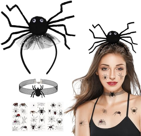 Wolkstello Halloween Haarreif Spinne, Halloween Haarschmuck Spinnen, Kopfschmuck Spinne mit Halsketten Tattoos für Kinder Damen Spinnenkostüm Accessoires zum Halloween Karneval Fasching