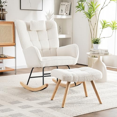 Merax Schaukelstuhl mit Hocker, Sessel Relaxsessel Schaukelsessel mit Flügelrückenlehne & Kopfstütze, Gepolsterter Wohnzimmersessel Schwingsessel, für Schlafzimmer Balkon, Metallgestell, Bouclé, Weiß