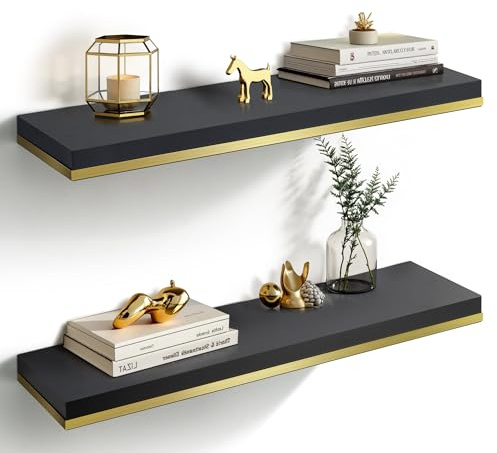 Gronda Wandregal Schwarz, Schweberegal Aus Wood Mit Goldkante, 2Er-Set | Schwarze Wood-Ablagen Mit Goldkante Und Verdeckter Montage; Für Projektor, Bücher Und Deko In Wohnraum Oder Büro.