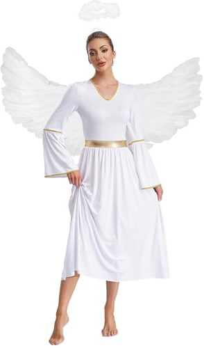 Miutii Damen Engelskostüm Engel Kleid mit Engelsflügel Heiligenschein Weihnachtsengel Kleid Krippenspiel Kostüm Halloween Karneval Fasching Partykleid