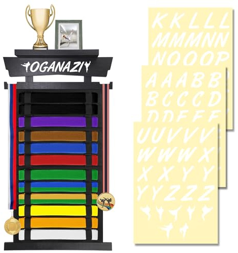 OGANAZI 10 Gürtel Karate Gürtel Display Rack Kampfsport Gürtel Display Halter mit Medaillen Aufhänger (schwarz)