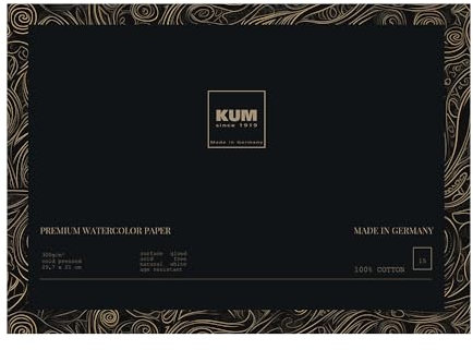 KUM 5149911 - Premium Aquarellpapier, 29,7 x 21 cm, 15 Blatt 300 g/m² Papier, Aquarellblock aus 100% Baumwolle
