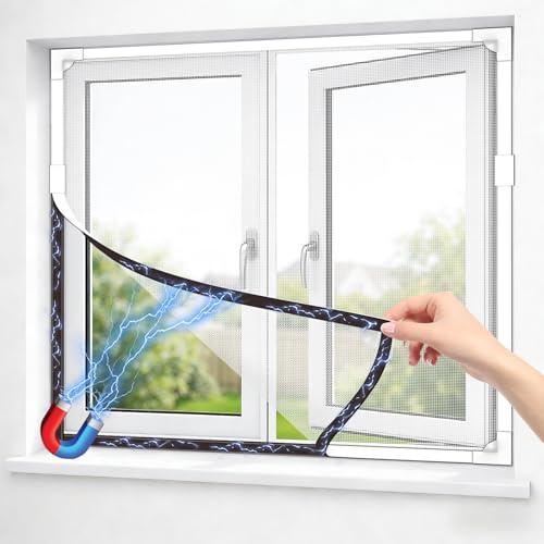 OWYR Magnetic Fly Screen Window, DIY Up to 120x130cm, White Frame White Net | Adjustable Size DIY Fit, Fiberglass Insect Mesh, Full Frame Magnetic Strip, Easy Installation, Mosquito Net & Bug Screen