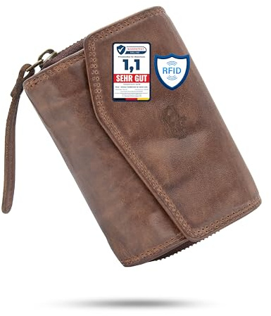 Baur Damen Geldbörse aus extra weichem Waschleder – Geldbeutel im Used-Look mit RFID-Schutz – Kleines Portemonnaie mit vielen Kartenfächern und Münzfach mit Metall-Reißverschluss (Dunkel Braun)