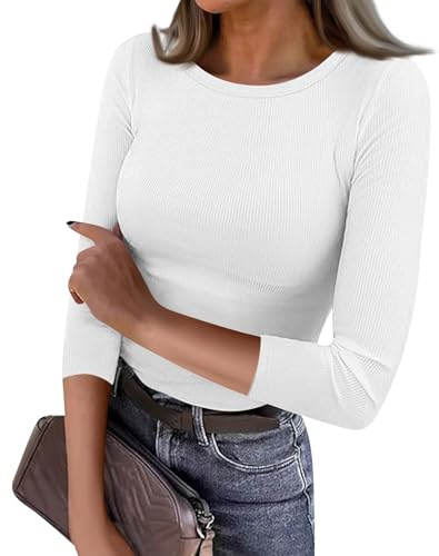 Damen T-Shirt Gerippt Slim Fit Basic Tee Shirts Rundhals 3/4 Arm Sommer Tshirt Stretch Oberteile Casual Einfarbig Bluse Tops,Weiß,L
