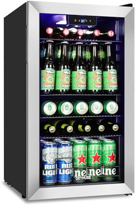 ORYMUSE 3.2 Cu.Ft Beverage Refrigerator, 130 Can Mini Fridge with Glass Door & Digital Temperature Control, Compressor Cooling Freestanding Cooler for Soda, Beer, Wine, Home, Office & Bar - Silver