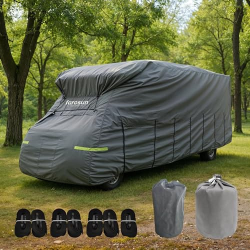 Farosun Wohnwagen Abdeckung, 4-lagige Schutzhülle für Wohnmobil, wetterfest & atmungsaktiv, UV-beständig, reißfest und wetterfest, Hagelschutzplane für Winter & Sommer, 750×235×270 cm