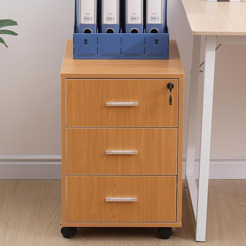 Menaka Mobile 3 Drawers Filing Cabinet with Lock on Wheels, Home Office Wood Under Desk File Storage Cabinet Pedestal Printer Stand for Document Unit Organizer (Oak, Lockable)