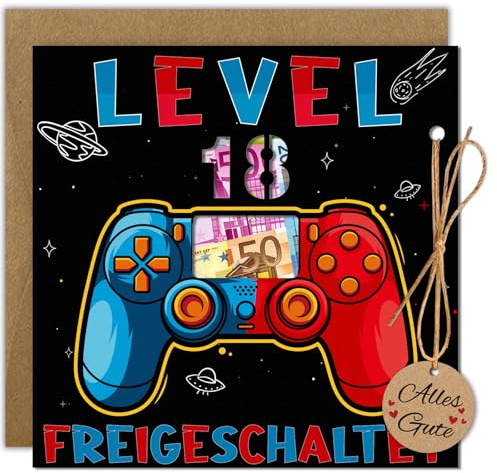 WenmthG Geldgeschenke Geburtstag 18 mit Umschlag, Karte 18 Geburtstag Jungs - Geschenke für 18 Jährige Jungen - 18. Geburtstag Zocker Geschenke, Coole Sachen für Jungs, Gaming Geldgeschenke Verpackung