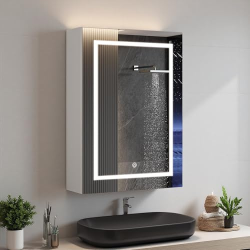 BRILVERDE Spegelskåp badrum med LED-belysning 50 x 70 cm, 3 ljusfärger, badrumsskåp med touch-brytare och justerbara hyllor
