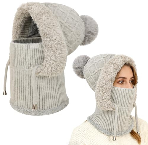 VGMANNTA Plüsch Sturmhaube Damen Kapuzenschal Winter Thermo Skimaske mit Nackenwärmer Multifunktionale Wolle Balaclava Strickmützen für Damen Gefüttert Beanie Mütz für Sport und Outdoor