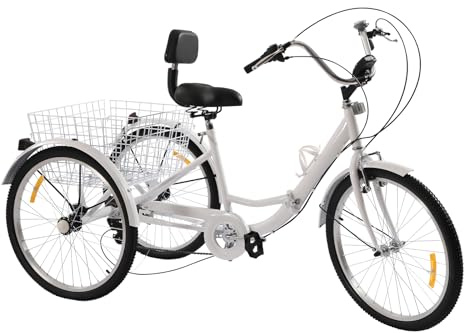 MELAQULY Dreirad für Erwachsene, 24 Zoll 7 Gang Lastenfahrrad mit Rückenlehne und Einkaufskorb, 3-Rad Fahrrad für Picknicks Einkäufe und Sport im Freien