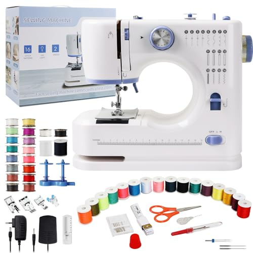 Qoosea Macchina da Cucire Elettronica, 16 Punti di Cucitura Mini Macchina da Cucire per Principianti e Bambini, Cucitrice Portatile per Tessuti con Luce LED e Kit di Attrezzi, Viola