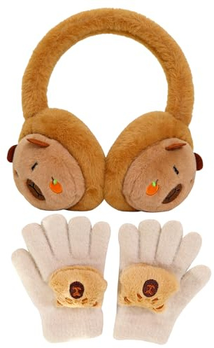 EDLMKM Girls Ear Muffs with Gloves, Capybara Fluffy Ear Muff, Plush Earmuffs, Winter Kids Earmuffs Warm Ear Cover For Girls Children, for Kids Xmas Birthday Gift