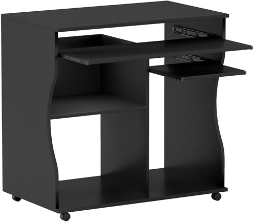 VSOGA Scrivania per computer con ruote, tavolo da ufficio con ripiano per tastiera, ripiano per PC, nero, 80 × 48 × 75 cm