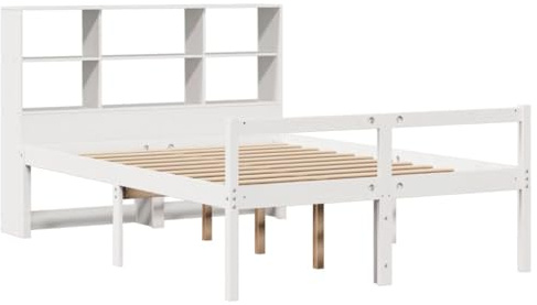 vidaXL Massivholzbett, Bett Kopfteil mit Bücherregal ohne Matratze, Bettgestell mit Lattenrost, Holzbett Doppelbett für Schlafzimmer, Weiß 120x190cm Kiefer