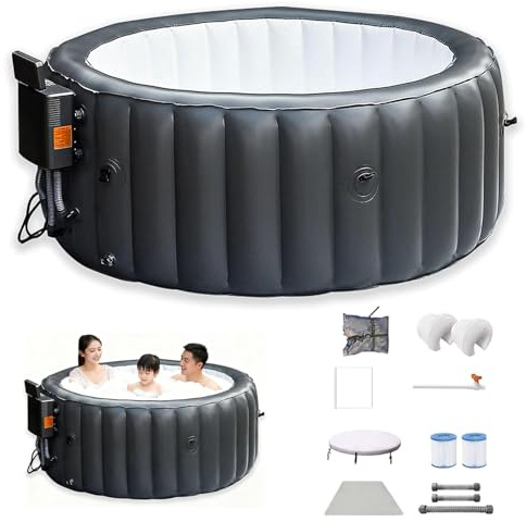Uppblåsbart Bubbelbad, Uppblåsbar Pool Bubbelbad, Med 150 Luftstrålar, Bärbar Utomhusvatten Spa, Värmepump, Filterpatroner, Isolerat Lock, Markduk, 71 Runt, 3-4 Personer