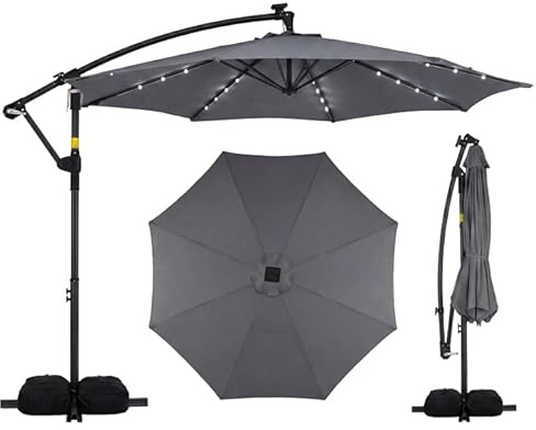 COSTWAY Sombrilla Terraza Exterior con Base, Parasol Excentrico con 32 Luces LED, Rotación de 360°, Manivela, Sacos de Arena, Sombrilla Jardín Grande para Patio Terraza (300 x 300 cm（con Luz）,Gris)