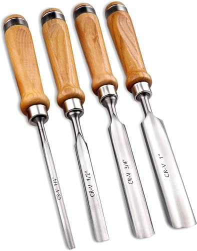 WOMGKDA Juego de formones para Talla de Madera, 4 Piezas de Acero CR-V, Mango de Madera para carpintería Profesional, cincel de Borde semicircular 1 (25mm), 4Pcs-4Tamaños, 4Pcs-4Tamaños