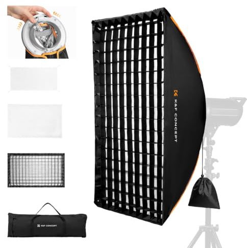K&F CONCEPT Softbox Pieghevole 60×90Rapido, griglia+diffusore+borsa | Modificatore rettangolare Bowens Mount per luci COB, fotografia ritratto, streaming diretto, TikTok,LJ01